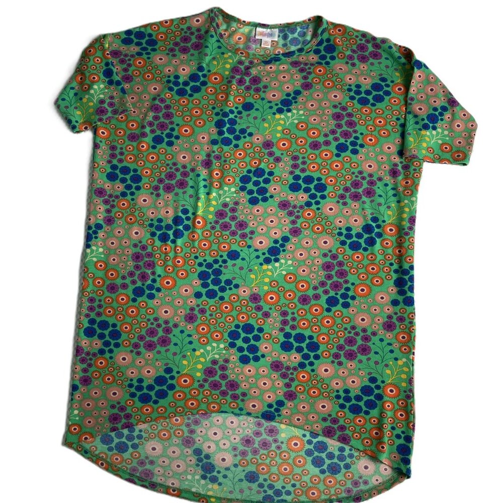 Lularoe Uneven Hem Yellow Floral Short Sleeve Swing Style Top Size XS